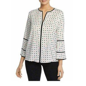 Donna Karan Womens Polka Dot Split Neck Blouse White XXS